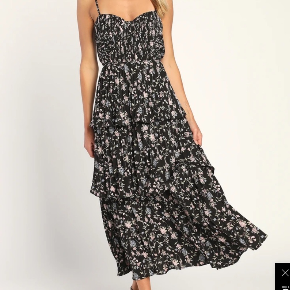 Lulu’s Cascading Crush Black Floral Print Tiered Bustier Midi Dress, Size Medium